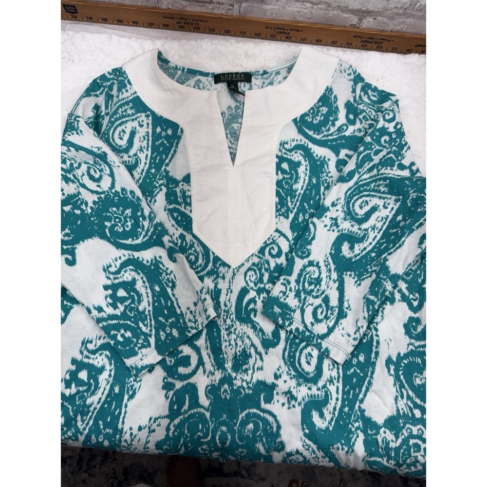 LRL Lauren Ralph Lauren Popover Tunic Top Teal White Paisley 100% Cotton Size 1X - Picture 5 of 12
